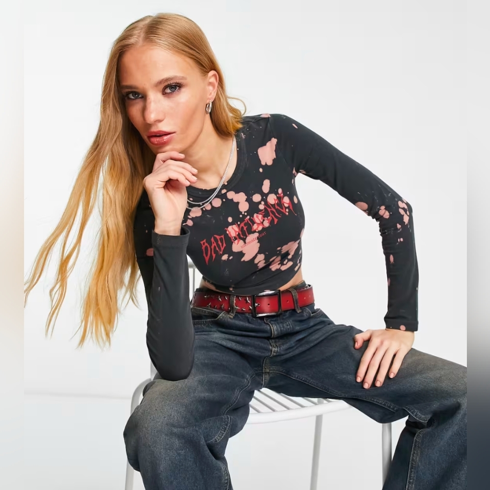 ASOS DESIGN bleached long sleeve top with bad influence graphic